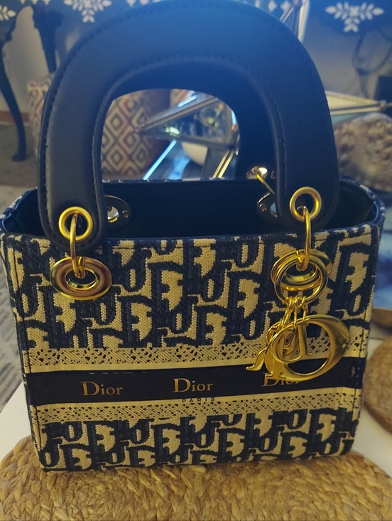 Dior Handbags - Mini Dior Navy and Beige Signature Mini Tote with Gold Hardware